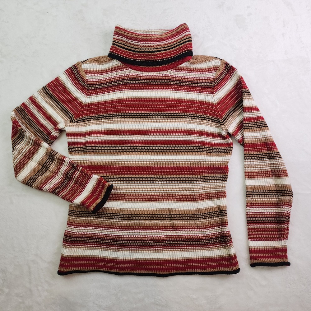 Vintage 80s Striped Chunky Knit Turtleneck Sweater Womens Small Red Cabincore